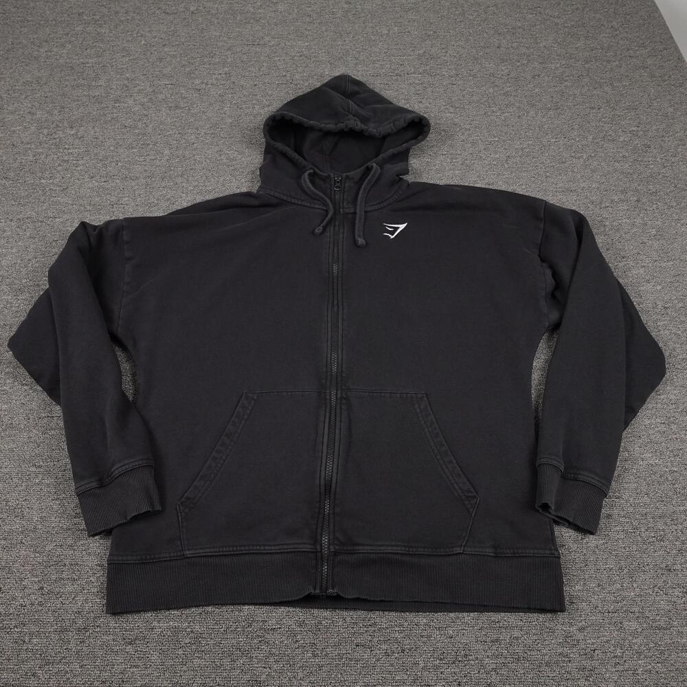 Gymshark Hoodie Mens Medium Black Full Zip Fleece Logo Graphic Sweatshirt